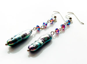 Crystal & Peacock Biwa Pearl Earrings