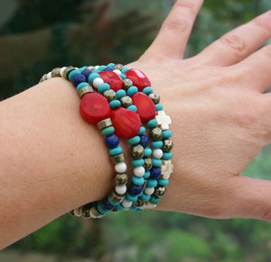 Red Coral, Turquoise Magnesite, Pyrite, Lapis Lazuli Stretchy Bracelet