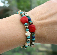 Red Coral, Turquoise Magnesite, Pyrite, Lapis Lazuli Stretchy Bracelet